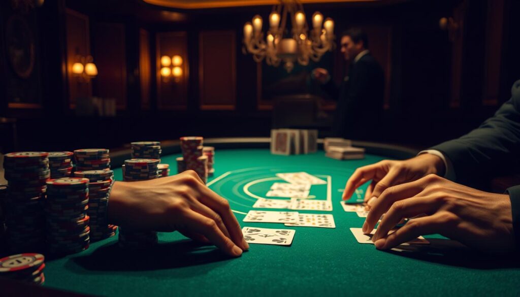 A dimly lit casino table, the green felt surface glistening under warm overhead lighting. Stacks of poker chips in varying denominations are arranged neatly, casting soft shadows. Hands hover over the table, fingers tracing the patterns of the cards, contemplating the next strategic move. In the background, a hint of ornate decor and the faint murmur of conversation create an atmosphere of focused intensity. The scene conveys the careful analysis and decision-making process involved in the game of Baccarat, a study in probability and probability-based strategies.