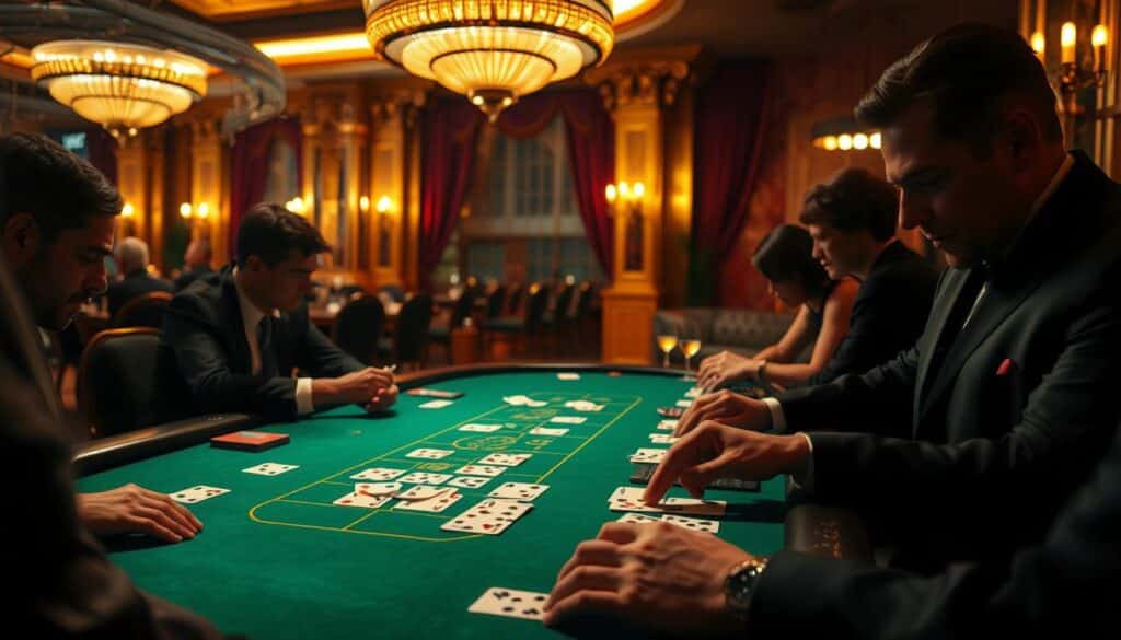 A dimly lit casino table, the green felt surface glowing under warm overhead lights. In the foreground, cards are elegantly dealt, the dealer's hands moving with practiced precision. The players, faces obscured in shadow, lean in with rapt attention, the thrill of the game palpable. In the background, the ornate decor of the casino sets the mood - gilded columns, plush velvet curtains, and the faint sound of clinking glasses. The composition is balanced, the lighting dramatic, capturing the essence of the classic game of baccarat in all its captivating complexity.