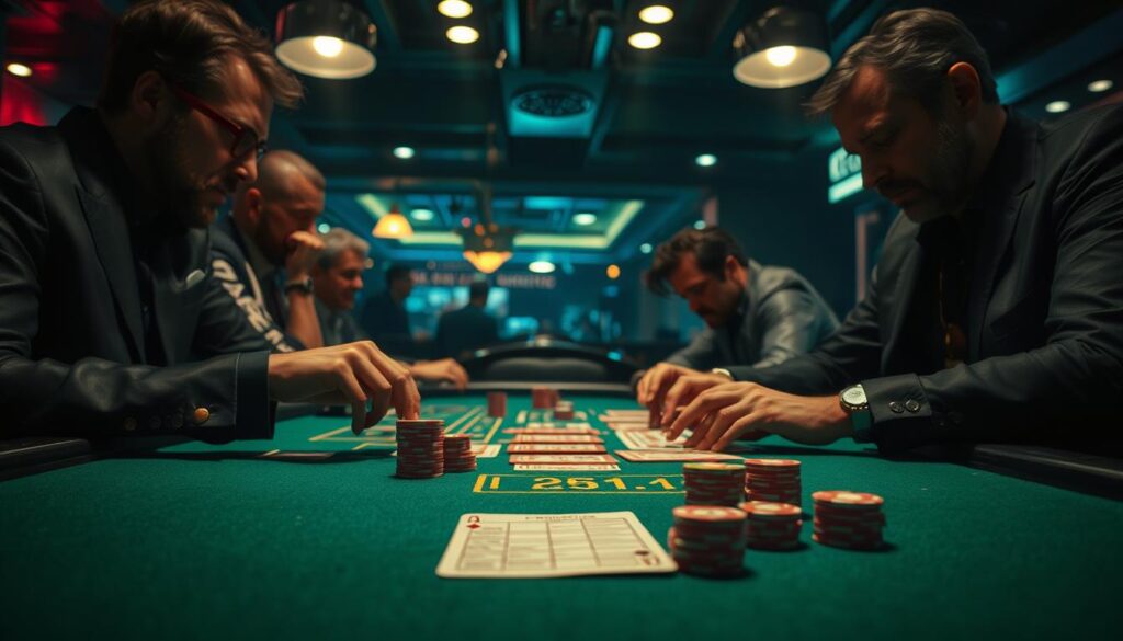 A dimly lit casino table, the green felt surface illuminated by soft overhead lighting. Skilled hands manipulate cards and chips, as seasoned gamblers lean in, studying the game intently. In the foreground, a set of advanced baccarat tools - a win-loss tracker, probability charts, and a betting strategy guide. The scene conveys a sense of strategic focus, with the tools serving as companions to the players' intuition and experience. A subtle air of anticipation hangs in the atmosphere, as the game unfolds with the promise of potential rewards.
