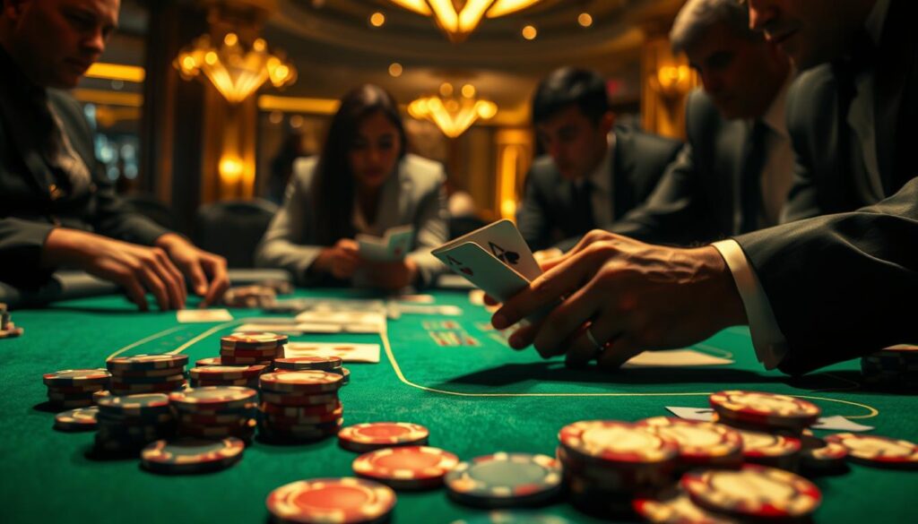 A dimly lit casino table, the green felt surface illuminated by soft, warm lighting. In the foreground, an assortment of casino chips in various denominations are neatly arranged, hinting at the strategic placement of bets. The dealer's hands, partially obscured, deftly shuffle and deal the cards, their movements precise and practiced. In the background, the blurred silhouettes of players lean in, their expressions intent as they study the unfolding game. The atmosphere is one of quiet concentration, the tension palpable as the players employ their hard-earned baccarat strategies, seeking to outmaneuver the house and lady luck herself.