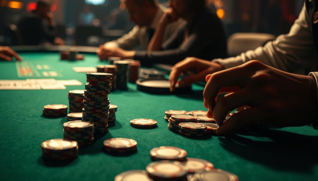 A dimly lit casino table, the green felt surface illuminated by soft, warm lighting. Poker chips of various denominations are neatly stacked, casting subtle shadows. In the foreground, a pair of hands cautiously arranging the chips, conveying the careful consideration of strategic gameplay. In the background, the blurred silhouettes of other players, creating a sense of competitive tension. The scene exudes a sense of hushed concentration, reflecting the inherent rules and disciplines of online gambling.