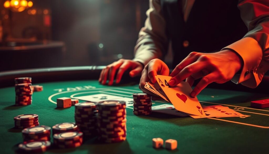 A dimly lit casino table, the green felt surface illuminated by soft, warm lighting. Stacks of casino chips in various denominations are arranged neatly, alongside playing cards and a pair of dice. In the foreground, a croupier's hands expertly manipulate the cards, demonstrating the strategic elements of the classic Baccarat game. The background is hazy, suggesting the hushed atmosphere of an exclusive gambling establishment. The image conveys the sense of skill, tension, and potential rewards associated with the Baccarat gaming experience.