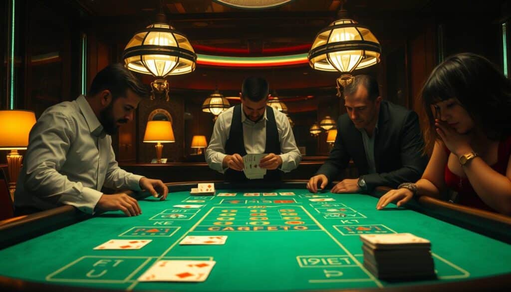 A dimly lit casino table, the green felt surface illuminated by the soft glow of table lamps. A dealer in a crisp white shirt stands behind the table, hands expertly shuffling a deck of cards. On the table, the classic baccarat layout is clearly visible, with the player, banker, and tie bet areas marked. The atmosphere is one of quiet anticipation, as high-rollers lean in, studying the cards intently, following the basic rules of the game - drawing a third card when necessary, comparing the player and banker hands, and placing their bets accordingly. The scene captures the essence of the classic baccarat experience, a timeless casino tradition.
