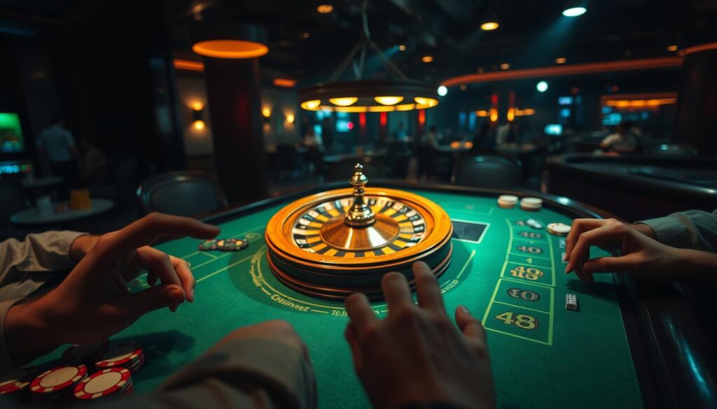A dimly lit casino table, the green felt surface illuminated by the warm glow of overhead lamps. Rows of casino chips in various denominations sit neatly arranged, awaiting the bets of seasoned players. In the center, a wooden casino wheel spins, its numbered segments a blur as it slowly comes to a stop, determining the fate of the high-stakes game of Baccarat. Shadows cast by the players' hands create an atmosphere of tension and anticipation, as they carefully consider their next move. The scene is captured with a shallow depth of field, focusing the viewer's attention on the captivating details of the game unfolding before them.