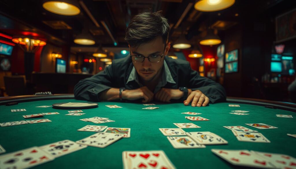 A dimly lit casino table, the green felt surface illuminated by the warm glow of overhead lamps. Playing cards are scattered across the table, each one revealing a clue to the history of past games. An observant player, brow furrowed in concentration, studies the patterns and trends, seeking to uncover the subtle strategies hidden within the dealt hands. The atmosphere is one of contemplation and strategic analysis, as the player delves into the nuances of "牌路技巧" - the art of reading and interpreting the flow of the game.