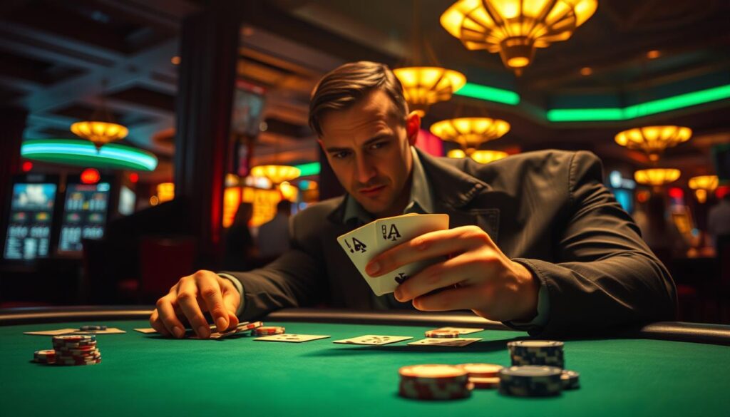 A dimly lit casino table, the green felt surface illuminated by the warm glow of overhead lamps. Skilled hands expertly handle playing cards and casino chips, as a successful gambler carefully studies the game of baccarat unfolding before them. The player's face is focused, their expression one of calm confidence, reflecting years of strategic experience. In the background, the hustle and bustle of the casino creates a sense of tension and excitement, setting the stage for a high-stakes encounter. Dramatic shadows and highlights accentuate the drama of the scene, drawing the viewer's attention to the pivotal moment of the gambler's decisive move.