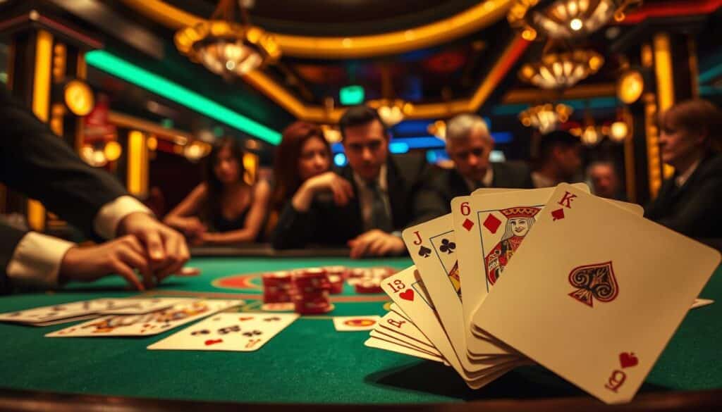 A dimly lit casino table, the green felt surface illuminated by the warm glow of overhead lights. A dealer's hands expertly manipulate the cards, the sound of chips clinking as players place their bets. In the foreground, the iconic Baccarat cards are fanned out, their intricate patterns and numbers inviting the viewer to explore the game's rich history and strategy. The mid-ground features a group of focused players, their expressions a mix of concentration and anticipation, as they consider their next move. The background is subtly blurred, creating a sense of depth and immersion, transporting the viewer to the heart of the casino experience. Overall, the image conveys the excitement and allure of the classic card game, Baccarat, ready to be explored in the accompanying article.