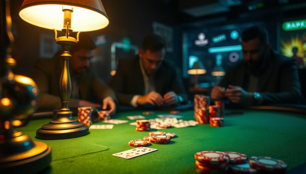 A dimly lit casino table, the green felt surface illuminated by the warm glow of table lamps. Playing cards and poker chips scattered across the table, creating a sense of strategic gameplay. In the background, the blurred silhouettes of experienced gamblers, their faces shrouded in an air of mystery and concentration. The mood is one of intense focus, with a touch of risk and excitement. The composition emphasizes the tools of the trade, hinting at the technical knowledge and strategies required for successful online gambling.