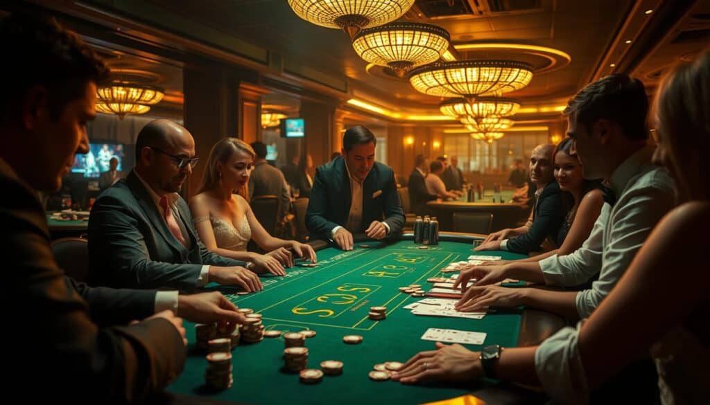 A dimly lit casino table, the green felt surface illuminated by warm, golden lighting. Elegant, well-dressed patrons gather around, intently studying the cards and betting chips. The air is charged with anticipation as the dealer skillfully shuffles the deck, the satisfying sound of chips clinking together creating a rhythmic ambiance. In the background, the faint chatter of other games and the occasional cheer from a winning player add to the allure of the casino experience. This captivating scene captures the essence of baccarat's enduring popularity - the thrill of chance, the sophistication of the setting, and the camaraderie of fellow players all contributing to its enduring appeal.