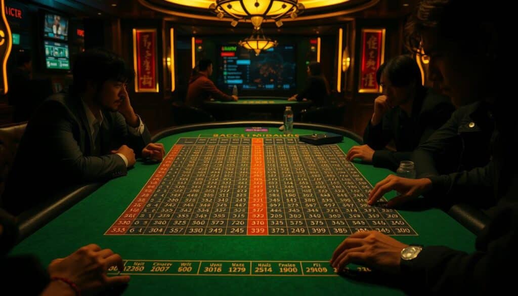 A dimly lit casino table, the green felt surface illuminated by warm, golden overhead lighting. On the table, a detailed baccarat score sheet displays a grid of data, filled with numerical statistics and patterns. The table is flanked by players intently studying the data, their faces cast in shadow, deep in contemplation. The atmosphere is one of strategic analysis, as the players use the statistical information to guide their betting decisions and improve their chances of winning. The image captures the essence of the article's section, "根據統計數據調整下注方法", showcasing the importance of leveraging baccarat gameplay data to refine one's betting approach and increase the odds of success.
