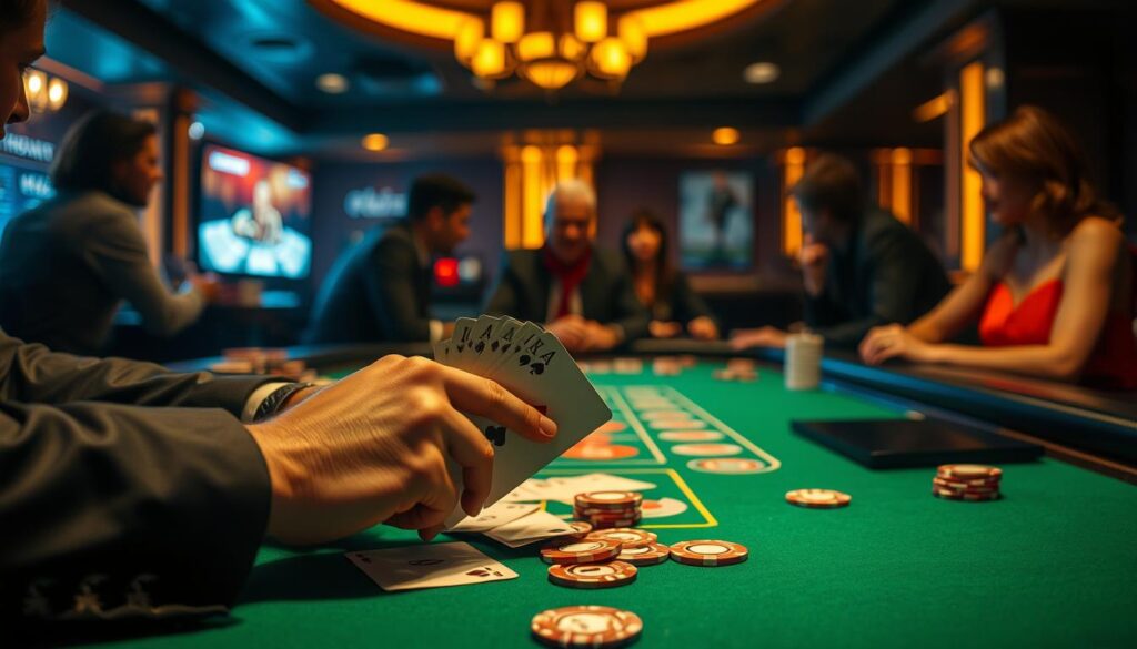 A dimly lit casino table, the green felt surface illuminated by warm overhead lighting. On the table, elegant casino chips in various denominations are neatly arranged, hinting at the game of Baccarat. In the foreground, a pair of skilled hands shuffle a deck of playing cards, the movements precise and practiced. Behind the table, the blurred silhouettes of players lean in, captivated by the unfolding game. The scene exudes an air of refinement and concentration, inviting the viewer to explore the nuances and strategies of this classic casino game.