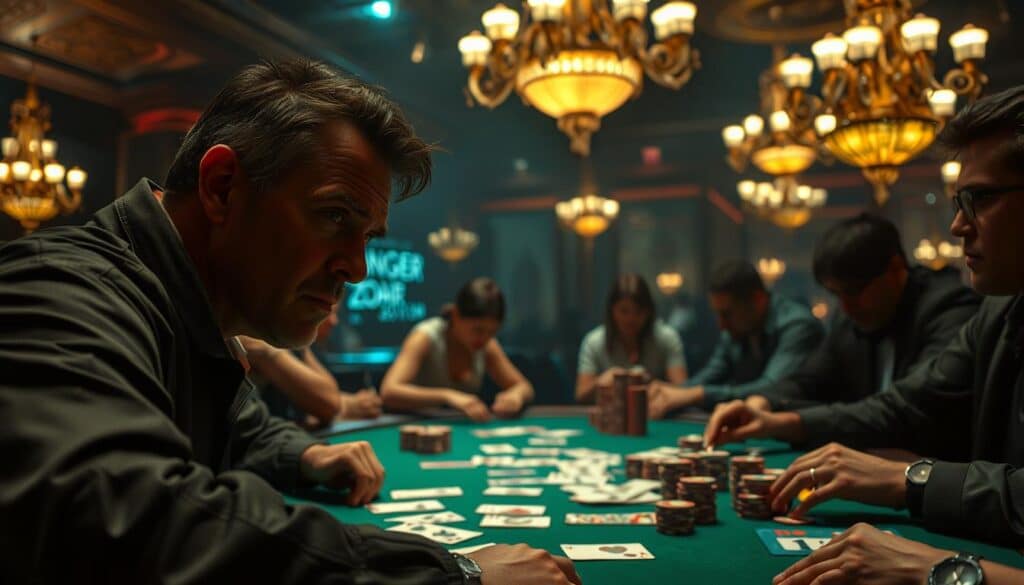 A dimly lit casino table, the green felt surface reflecting the soft glow of overhead chandeliers. Cards are dealt, chips are stacked, and faces of focused players reveal the high-stakes tension of a Texas Holdem game. In the foreground, a seasoned player leans in, brow furrowed, contemplating their next strategic move amidst the calculated risks and uncertain outcomes that define the "Danger Zone" of this iconic card game. Atmospheric lighting casts dramatic shadows, heightening the sense of drama and peril as the player navigates the precarious situation, drawing upon their expertise and composure to overcome the challenges before them.