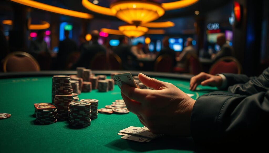 A dimly lit casino table, the green felt surface reflecting the warm glow of concealed lighting. Strategically placed poker chips in stacks, each denomination a different color. A dealer's hand skillfully shuffles a deck of cards, the crisp sound of plastic on plastic. In the foreground, a player's hands hover over the table, deep in contemplation, studying their cards and the tells of their opponents. The background is blurred, hinting at the bustling activity of the casino floor beyond. An atmosphere of concentration and intensity pervades the scene, conveying the advanced techniques and high-stakes nature of online poker.