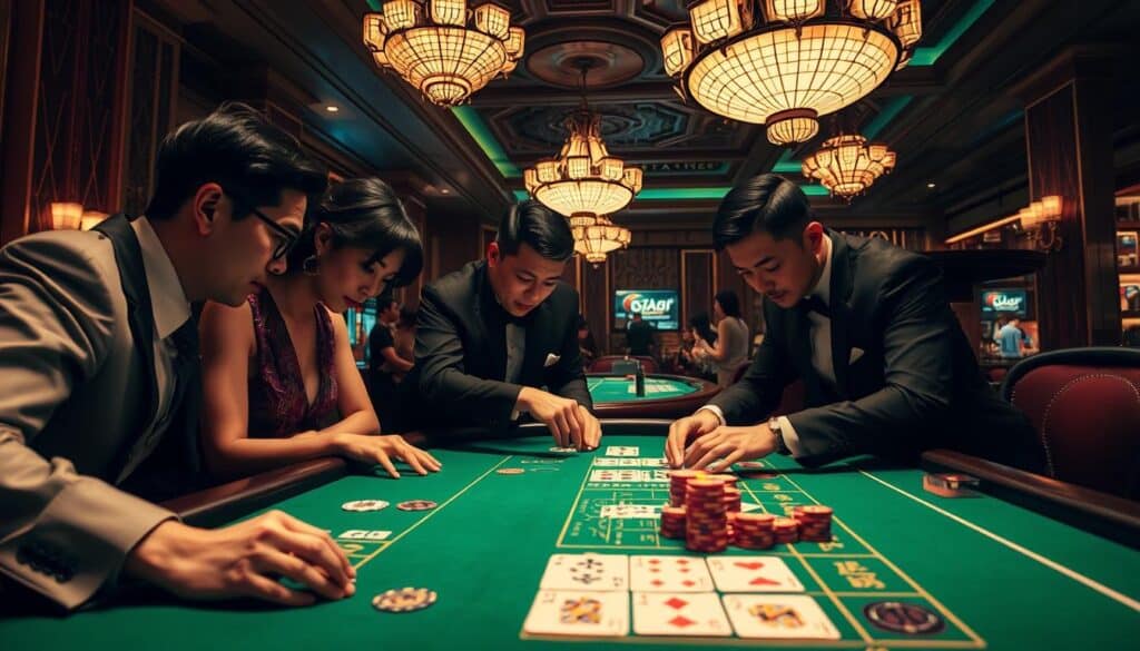 A dimly lit casino table, the green felt surface reflecting the warm glow of overhead chandeliers. Elegant casino patrons lean in, carefully placing their chips on the layout, their faces a study in concentration as they explore the various betting options - the banker, the player, the tie. The air is charged with anticipation, the croupier's hands deftly maneuvering the cards, the sound of chips clinking creating a rhythmic backdrop. In the background, the ornate architectural details of the casino lend an air of sophistication, hinting at the long history of this beloved game. The scene captures the essence of the popular baccarat betting strategies embraced by Taiwanese players, a captivating tableau that draws the viewer into the heart of the casino experience.
