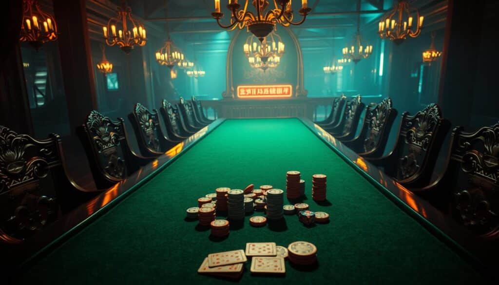 A dimly lit casino table, the green felt surface reflecting the warm glow of overhead chandeliers. Ornate wooden chairs surround the table, inviting players to take their seats. On the tabletop, a set of classic casino gaming pieces - dice, chips, and cards - are neatly arranged, hinting at the thrilling gameplay to come. The atmosphere is one of anticipation and strategic contemplation, as the "遊戲規則" are about to be put into action. The scene evokes a sense of sophistication and high-stakes adventure, setting the stage for a masterful display of gaming prowess.