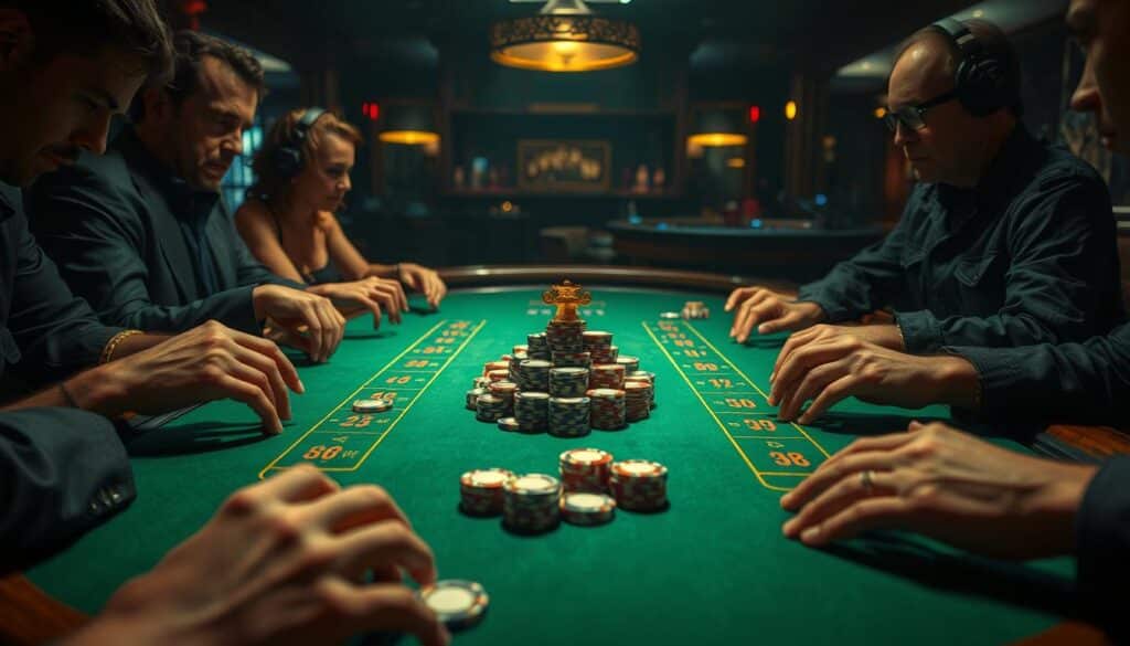 A dimly lit casino table, the green felt surface reflecting the warm glow of overhead lamps. Centered on the table, a stack of casino chips in various denominations, arranged in a structured pattern. Hands reach in from the edges, making strategic bets, following the iconic Martingale betting system. The table is surrounded by focused, intense expressions, as players carefully manage their wagers, seeking to capitalize on the system's risk-reward balance. The atmosphere is one of concentration and anticipation, as the game unfolds with each spin of the roulette wheel.