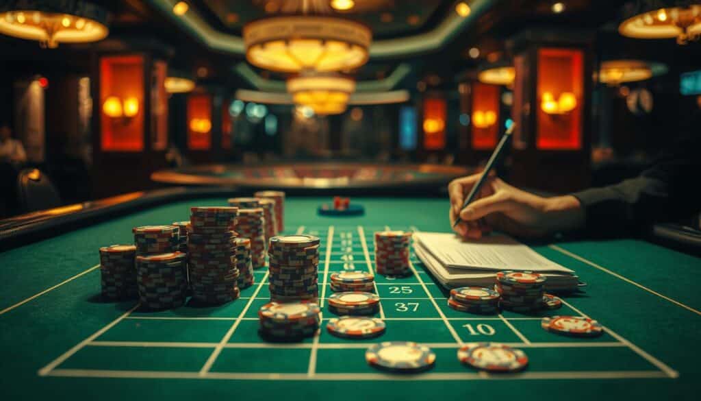 A dimly lit casino table, the green felt surface reflecting the warm glow of overhead lamps. Stacks of casino chips in various denominations are arranged in a precise grid, representing the stages of the Martingale betting system. A pair of hands, one with casino chips, the other with a pencil and notebook, carefully calculate the next wager. The scene conveys the intense focus and strategic planning required to implement this high-risk, high-reward gambling technique amid the hushed, atmospheric ambiance of the casino.