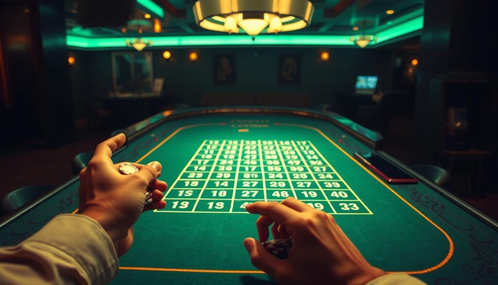 A dimly lit casino table, the green felt surface reflecting the warm glow of overhead lamps. On the table, a grid of numbered spaces represents the 1-3-2-4 betting strategy, each number illuminated with a subtle holographic effect. The table's edges are adorned with intricate Art Deco patterns, hinting at the elegant atmosphere. In the foreground, a pair of hands, one holding a stack of casino chips, the other gesturing towards the grid, demonstrating the strategic placement of bets. The scene conveys a sense of concentration and anticipation, as the player seeks to maximize their chances of success in the thrilling game of baccarat.