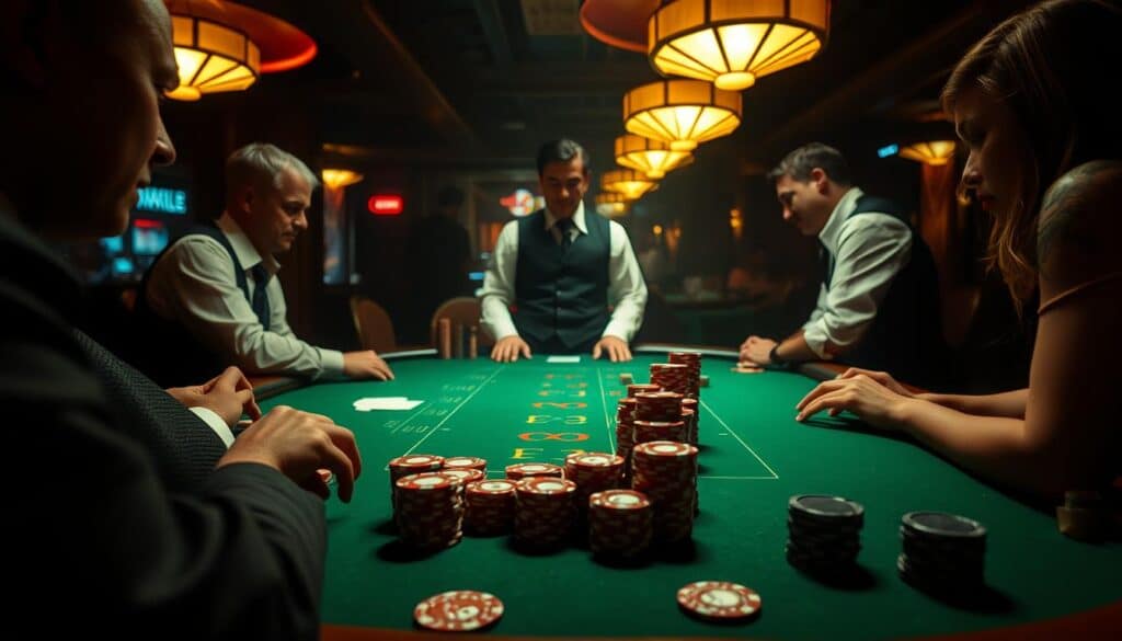 A dimly lit casino table, the green felt surface reflecting the warm glow of overhead lamps. On the table, casino chips in various denominations are neatly stacked, arranged in strategic piles. The dealer, clad in a crisp white shirt and black vest, stands poised, waiting for the next round of baccarat to begin. The players, their faces partially obscured by the shadows, lean in, their expressions intense as they contemplate their next moves. The atmosphere is tense, the air thick with the anticipation of the game. The camera angle captures the scene from a slightly elevated perspective, giving a sense of the high-stakes nature of the proceedings.