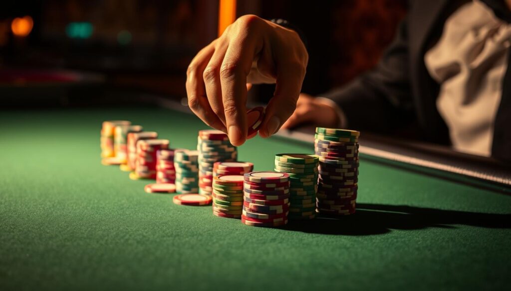 A dimly lit casino table, the surface covered in a felt green cloth. Stacks of colorful casino chips in varying denominations are neatly arranged, casting subtle shadows. The lighting is warm and atmospheric, creating a sense of contemplation and strategy. In the foreground, a hand carefully moves a single chip, illustrating the calculated decision-making process of an experienced gambler. The background is blurred, keeping the focus on the central elements of the composition. An aura of confidence and poise radiates from the scene, capturing the essence of an effective chip management strategy in the game of Baccarat.