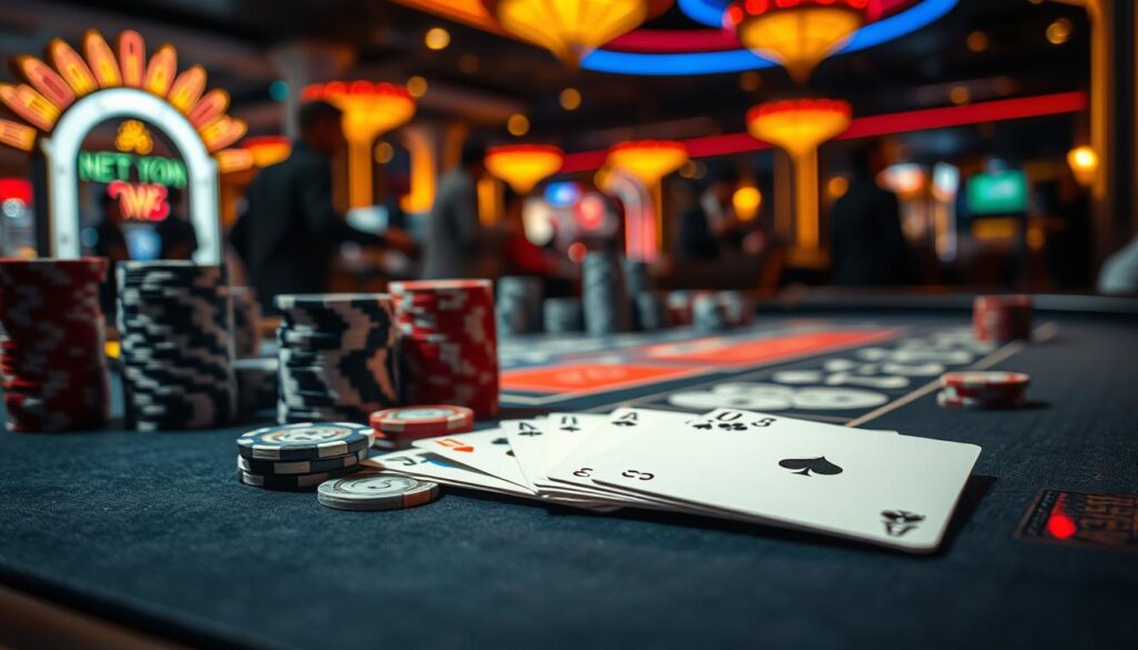 A dimly lit casino table, the surface glossy and pristine, with stacks of casino chips in varying denominations arranged neatly. In the foreground, a set of playing cards, some face-up, others face-down, meticulously positioned to illustrate the techniques of card counting and hand analysis. The lighting is warm and atmospheric, casting subtle shadows that add depth and drama to the scene. In the background, the blurred silhouettes of other players and casino staff, creating a sense of the bustling energy of the gaming floor. The overall mood is one of focused concentration and strategic decision-making, capturing the essence of the "分析牌路與數據的技巧" section of the article.