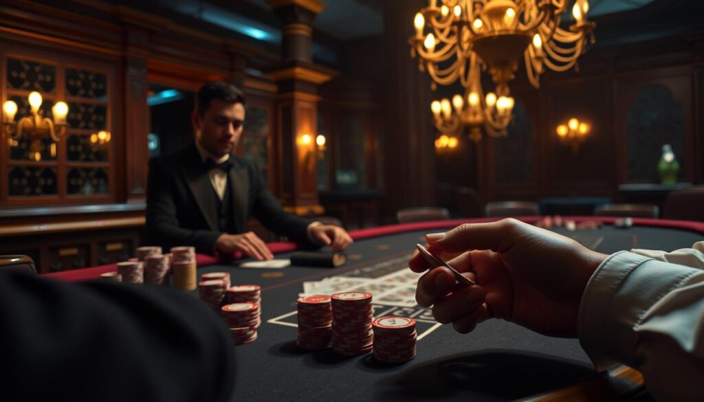 A dimly lit casino table with a felt surface, a wooden railing, and a ornate chandelier overhead casting a warm glow. On the table, casino chips in a variety of denominations are neatly stacked, indicating an active game of baccarat. The dealer's hands are poised, ready to deal the cards. In the foreground, the player's hands hold a few chips, contemplating the best betting strategy to employ. Focused expressions, the air thick with anticipation as the game unfolds. The scene conveys the thrill and calculated risk inherent in the popular baccarat gameplay.