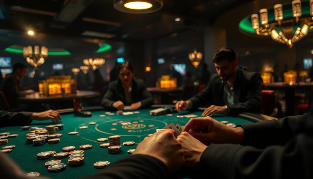 A dimly lit casino table with a green felt surface and a scattered array of gambling chips in various denominations. Overhead, a single warm spotlight casts a dramatic shadow across the table, highlighting the concentration and intensity of the players' expressions as they carefully analyze their cards and the moves of their opponents. In the foreground, a dealer's hands deal the cards with practiced precision, the faint sound of shuffling and the occasional clink of chips adding to the immersive atmosphere. In the background, the blurred silhouettes of other tables and patrons create a sense of the bustling casino environment, while maintaining the focus on the strategic battle unfolding on the baccarat table.