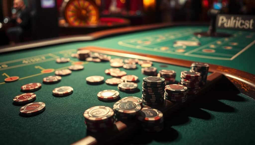 A dimly lit casino table, with a green felt surface and wooden edges. On the table, various poker chips in different denominations are scattered, representing different betting strategies. The table is illuminated from the side, casting dramatic shadows and highlighting the intricate patterns of the chips. In the background, a blurred view of the casino interior, with the faint sound of roulette wheels and murmuring voices, creating an atmosphere of anticipation and risk. The overall scene conveys the serious, high-stakes nature of the Baccarat betting strategies being explored.