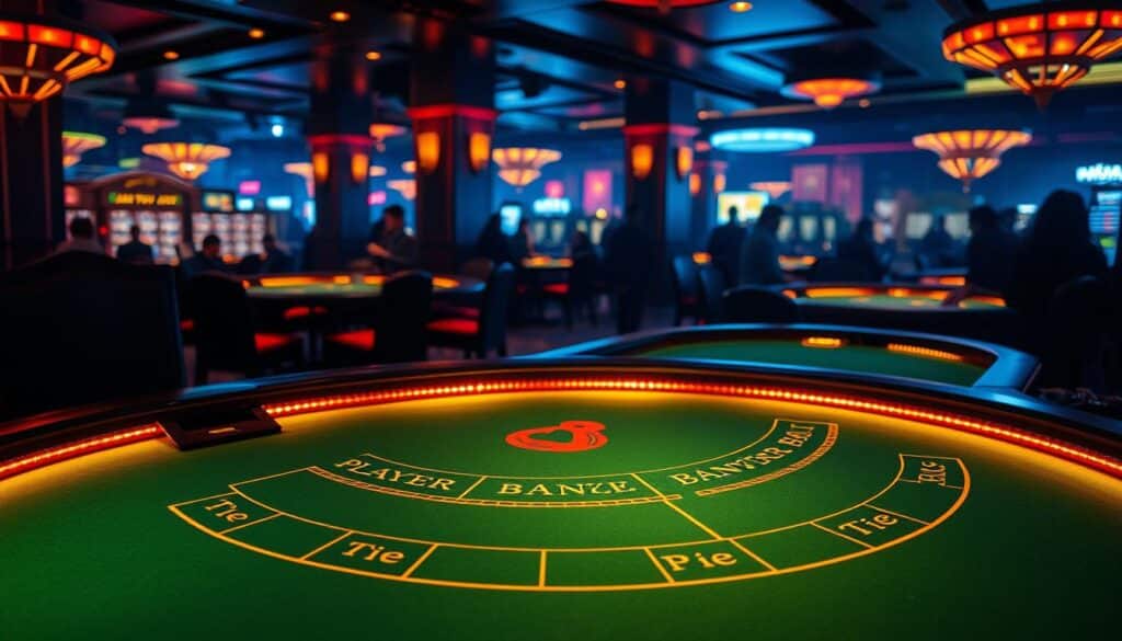 A dimly lit casino table with a green felt surface, illuminated by warm, inviting lighting. On the table, the classic baccarat layout is clearly visible, with the player and banker areas, as well as the tie bet marker. The table is surrounded by elegant, high-backed chairs, and the entire scene has a sophisticated, luxurious atmosphere. In the background, the faint silhouettes of other gaming tables and the bustling casino ambiance can be seen, creating a sense of immersion in the world of high-stakes gambling. The image conveys the rules and atmosphere of the baccarat game in a visually compelling way.