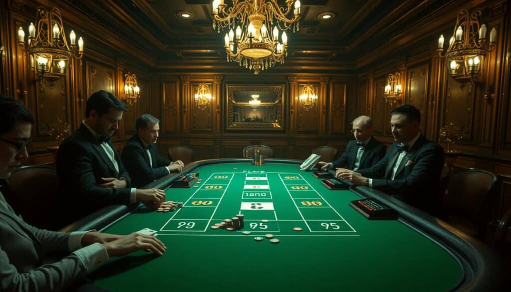 A dimly lit casino table with a green felt surface, surrounded by ornate wooden panels and chandeliers casting a warm glow. On the table, the iconic baccarat layout with its distinct areas for player, banker, and tie bets. Delicate chips in various denominations are scattered across the table, hinting at the high-stakes nature of the game. The table is flanked by well-dressed patrons, their faces partially obscured, engaged in the intense concentration of the game. The overall atmosphere radiates the sense of elegance, tradition, and the thrill of chance that defines the essence of the baccarat experience.