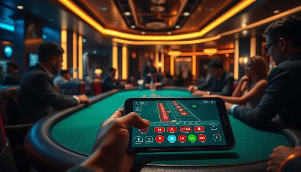 A dimly lit casino table with a green felt surface, surrounded by players engrossed in a game of Baccarat. Sleek, modern casino interior with warm lighting, creating an intimate, high-end atmosphere. Elegant, wooden casino chairs and discreet dealers overseeing the proceedings. In the foreground, a smartphone or tablet displaying the online interface of the game, seamlessly blending the physical and digital realms of this classic gambling experience. The overall scene conveys the rise of online Baccarat, capturing the timeless allure and sophisticated ambiance of this iconic casino game.