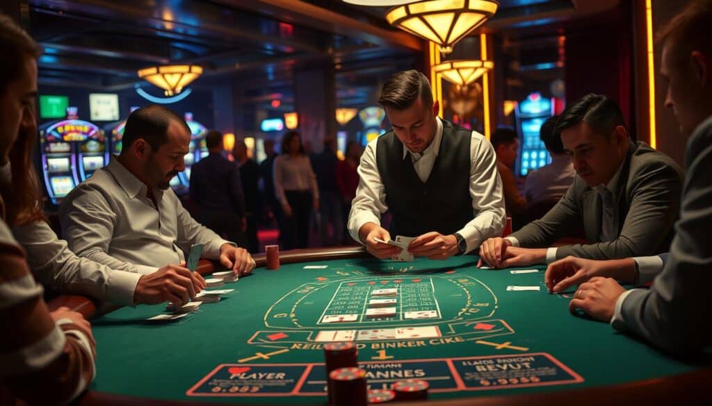 A dimly lit casino table with a green felt surface, surrounded by players intently studying their cards and chips. The dealer, wearing a crisp white shirt and black vest, deftly shuffles a deck of playing cards. The table is adorned with the classic baccarat layout, with areas for player and banker bets, and a discreet display of the game's rules and odds. The lighting is soft and warm, creating an atmosphere of focused concentration and anticipation. In the background, the faint sounds of slot machines and muted conversations create a sense of energy and excitement. The scene conveys the essence of a seasoned baccarat player's experience, with an emphasis on the strategic techniques and careful decision-making that characterize the game.