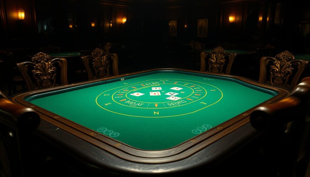 A dimly lit casino table with a green felt surface, the classic baccarat layout clearly visible. Ornate gold-trimmed edges frame the table, creating an atmosphere of elegance and sophistication. Wooden chairs surround the table, their carved designs hinting at the establishment's history. Discreet lighting fixtures cast a warm glow, accentuating the table's details and creating a sense of ambiance. The table's surface is meticulously clean, ready to host a game of baccarat, where players engage in the timeless pursuit of luck and strategy. This scene encapsulates the essence of the basic rules governing this captivating casino game.