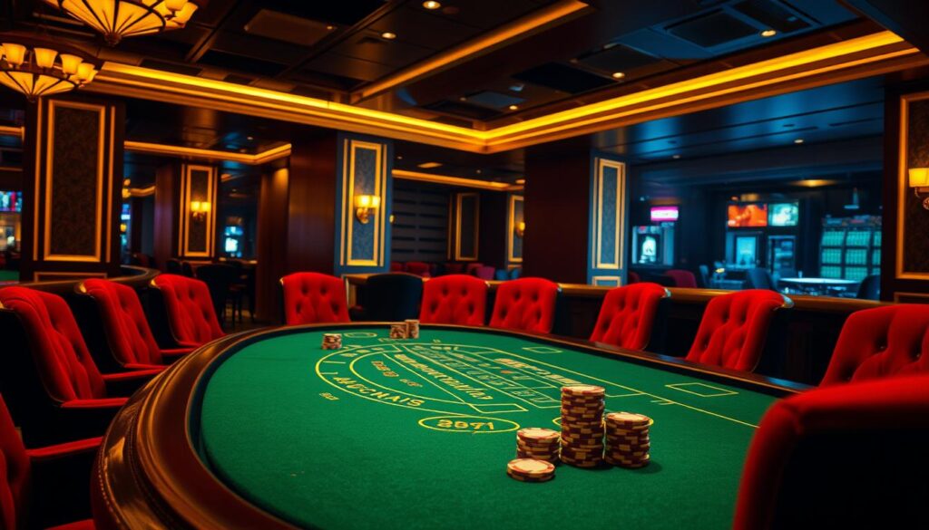 A dimly lit casino table with a green felt surface, the classic baccarat layout visible. Plush red velvet chairs surround the table, creating an atmosphere of sophistication and exclusivity. Warm, golden lighting casts a gentle glow, highlighting the polished wood accents. On the table, elegant casino chips in various denominations are neatly stacked, awaiting the next round of play. The table is positioned in a spacious, luxurious gaming area, hinting at the high-stakes nature of the game. The scene conveys the allure and tradition of the timeless baccarat experience.