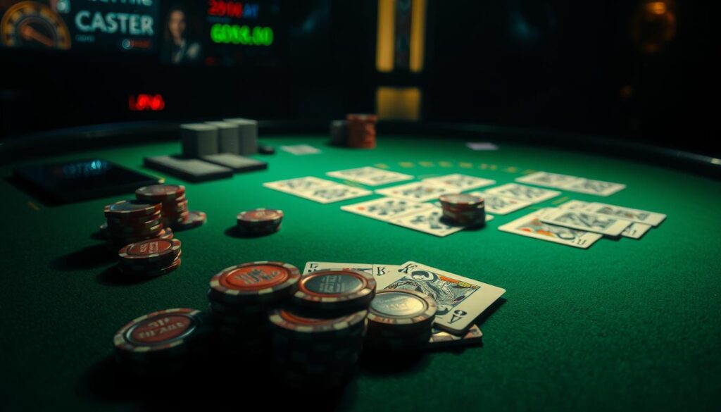 A dimly lit casino table with a green felt surface, the iconic Baccarat cards and chips arranged in a strategic formation. The lighting casts dramatic shadows, highlighting the intricate patterns and textures of the materials. A sense of focus and concentration permeates the scene, as if a seasoned player is about to make a decisive move. The background is slightly blurred, drawing the viewer's attention to the central gaming elements and the potential for a winning strategy.