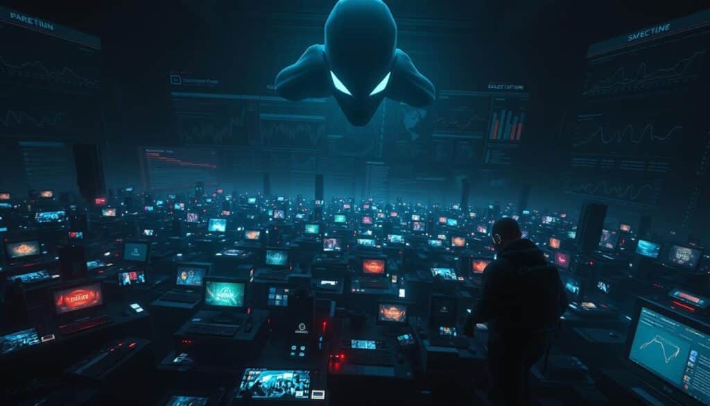A dimly lit, cinematic scene depicting the challenges of online game promotion. In the foreground, a digital agent navigates a complex maze of marketing tactics, grappling with the obstacles of audience engagement and monetization. The middle ground features a cacophony of digital devices, each emitting a vibrant glow, symbolizing the competitive landscape of the online gaming industry. In the background, a vast expanse of data and analytics charts looms, casting an ominous shadow over the scene, reflecting the need for data-driven strategies. Moody lighting and a somber color palette evoke the weight of the challenge, while the dynamic composition and dramatic angles suggest the urgency and importance of effective online game promotion.
