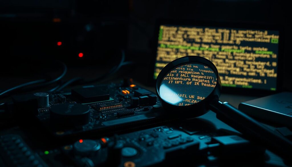 A dimly lit circuit board with glitching electronic components, casting an eerie glow onto a shadowy workspace. The foreground features a magnifying glass and a set of diagnostic tools, hinting at the process of troubleshooting the malfunction. In the background, a blurred display shows corrupted data, symbolizing the "recognition failure" at the heart of the issue. Dramatic chiaroscuro lighting emphasizes the technical details, creating a sense of tension and urgency. The overall mood is one of analytical focus and the need to uncover the root cause of the system breakdown.
