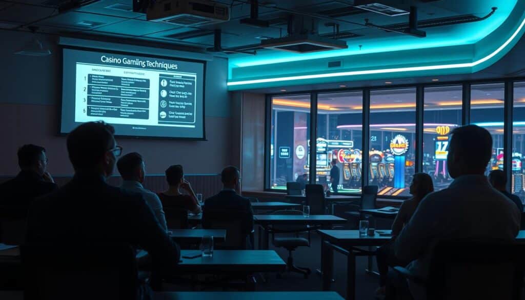 A dimly lit classroom setting, with a projector screen at the front displaying a detailed presentation on casino gambling techniques. In the foreground, a group of students intently listening to a lecturer, their faces illuminated by the soft glow of the screen. The middle ground features neatly arranged desks and chairs, creating a structured, academic atmosphere. The background showcases a panoramic view of a bustling casino, its bright lights and vibrant energy visible through the classroom windows, hinting at the real-world application of the lessons being taught. The lighting is a mix of warm, natural tones and cool, technological accents, creating a sense of focus and professionalism. The overall mood is one of serious study and dedicated training, preparing the students to master the nuances of casino gambling.