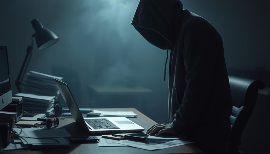 A dimly lit, cluttered office desk with a laptop, scattered documents, and a smartphone. In the foreground, a shadowy figure in a hooded sweatshirt hovers over the desk, hand poised above the laptop. The background is hazy and ominous, suggesting a sense of unease and potential for criminal activity. The lighting is low-key, creating dramatic shadows and highlighting the surreptitious nature of the scene. The overall mood is one of suspicion and the threat of financial deception.