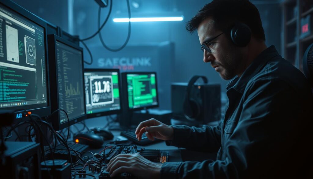 A dimly lit computer desk, cluttered with wires, monitors, and various gaming peripherals. In the foreground, a technician wearing a focused expression examines a circuit board, carefully troubleshooting the intricate electronic components. The background is hazy, suggesting the importance of this delicate process, with a sense of urgency conveyed through the intense lighting and moody atmosphere. A complex network of diagnostic screens and tools surround the technician, highlighting the technical expertise required to identify and resolve game software glitches and hardware malfunctions. The scene emphasizes the critical role of comprehensive troubleshooting in maintaining the reliability and performance of electronic games.