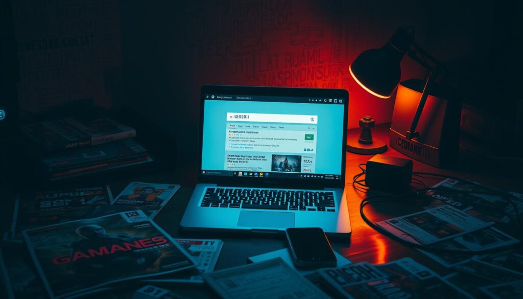 A dimly lit computer desk with a laptop and smartphone, surrounded by scattered gaming magazines and discount coupons. The laptop screen displays a search engine results page with "查找遊戲優惠碼" query. Warm, soft lighting illuminates the scene, casting subtle shadows and highlighting the player's focus on finding the latest game promo codes. The atmosphere conveys a sense of intent research and discovery, with a touch of anticipation for potential savings on favorite online games.