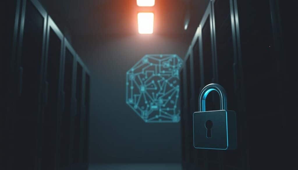 A dimly lit computer server room, the soft glow of monitors casting shadows across the sleek, black steel enclosures. In the foreground, a padlock and a digital security keypad, symbolizing the importance of access control and encryption. In the background, a three-dimensional representation of a cryptographic algorithm, its complex mathematical structures suggesting the intricacies of modern cybersecurity. Overhead, a single beam of light illuminates the scene, creating a sense of solemnity and the weight of the responsibility to protect sensitive information. The atmosphere is one of both technological sophistication and the gravity of safeguarding digital assets.
