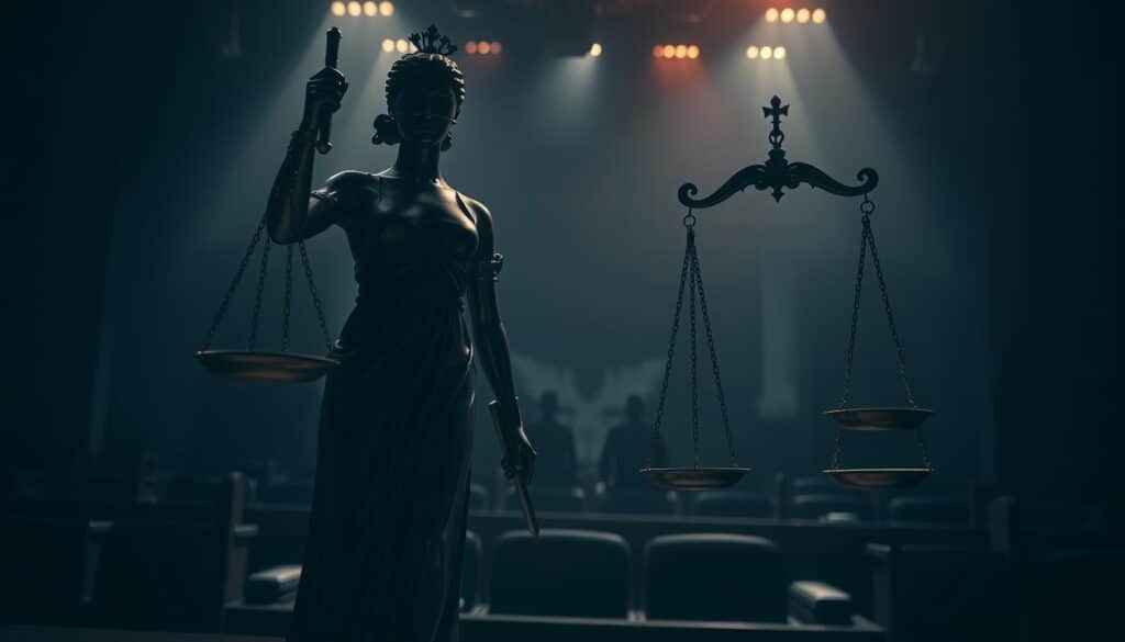 A dimly lit courtroom, heavy with a sense of unease. In the foreground, the imposing figure of Lady Justice, her eyes blindfolded, scales unbalanced, symbolizing the precarious nature of legal risk. In the middle ground, shadowy silhouettes of lawyers and defendants, their faces obscured, hinting at the complexities and uncertainties of the legal system. The background bathed in a somber, muted palette, conveying the gravity and consequences of legal missteps. Dramatic chiaroscuro lighting casts dramatic shadows, heightening the sense of foreboding and the weight of potential legal consequences.
