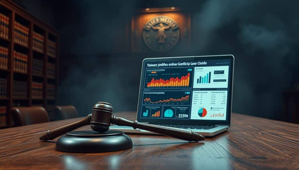 A dimly lit courtroom interior, with crisp, realistic lighting casting dramatic shadows. In the foreground, a judge's gavel rests on a weathered wooden table, symbolizing the solemn legal proceedings. Behind it, a bookshelf filled with legal tomes lines the walls, conveying a sense of authority and tradition. In the middle ground, a laptop displaying statistics and charts related to Taiwan's online gambling landscape is the focal point, underscoring the complex legal and regulatory environment. The background is hazy, creating a sense of depth and suspense, as if the viewer is privy to a high-stakes discussion about the future of Taiwan's gambling laws.