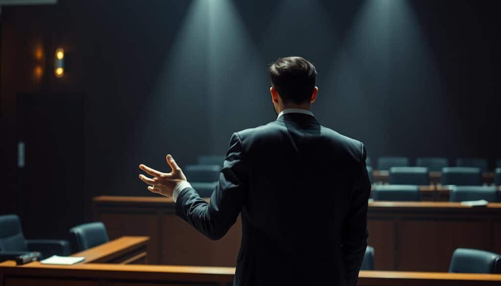 A dimly lit courtroom scene, shadows cast across the bench and witness stand. In the foreground, a figure in a sharp suit stands before the judge, hand outstretched in a gesture of pleading. The defendant's face is obscured, conveying a sense of unease and uncertainty. In the background, the jury box is empty, hinting at the high stakes and legal consequences of the alleged online gambling infraction. Soft, dramatic lighting illuminates the tense atmosphere, emphasizing the gravity of the legal proceedings. A somber, ominous mood permeates the scene, underscoring the significant legal risks associated with participating in unlawful online gambling activities.