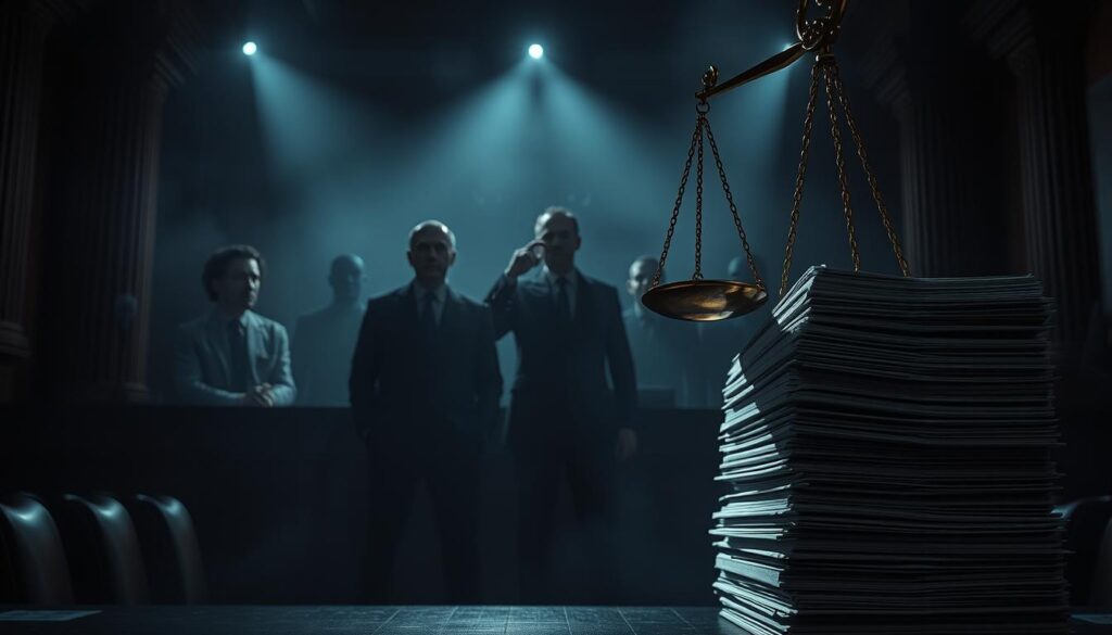 A dimly lit courtroom scene, where the scales of justice hang precariously, casting ominous shadows across the room. In the foreground, a towering stack of legal documents symbolizes the complex web of regulations and challenges faced by the online gaming industry. Ghostly figures of lawmakers loom in the background, their expressions stern and unyielding. The atmosphere is heavy with tension, as if the very air itself is charged with the weight of unresolved legal battles. Dramatic lighting highlights the angst and uncertainty, hinting at the difficult road ahead for navigating the ever-changing legal landscape.