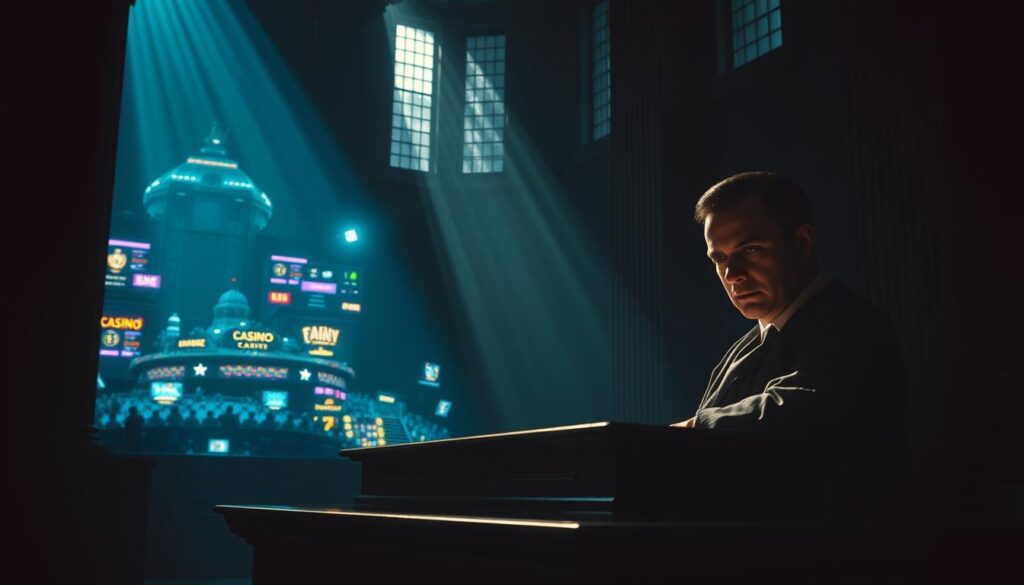 A dimly lit courtroom scene, with a judge's bench prominently featured in the foreground. In the background, a sprawling online casino illuminates the shadowy space, its neon lights casting an eerie glow. The judge's expression is stern, symbolizing the weight of legal oversight on the rapidly evolving digital gaming industry. Sunlight streams in through high windows, creating dramatic chiaroscuro effects and a sense of foreboding. The overall atmosphere conveys the delicate balance between innovation and regulation in the realm of online entertainment.
