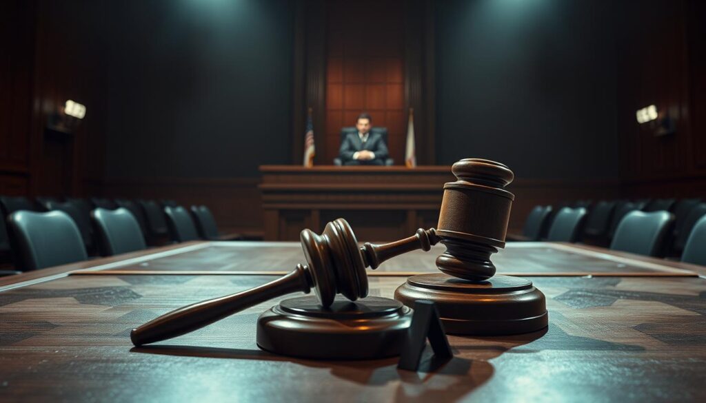 A dimly lit courtroom scene, with a sense of legal gravity and risk. In the foreground, a large wooden gavel sits on a polished mahogany desk, casting long shadows. In the middle ground, a judge's bench looms, draped in dark robes, conveying a somber authority. The background is hazy, with the outlines of spectators' seats and the towering walls of the courthouse, suggesting the high stakes and serious consequences of the legal proceedings. The overall mood is one of tension and unease, reflecting the legal risks and uncertainties surrounding online gambling.