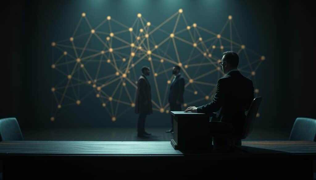 A dimly lit courtroom setting, with a judge's bench in the foreground. In the middle ground, two figures representing a lawyer and a defendant stand facing each other, engaged in an intense legal debate. The background depicts a maze of interconnected lines and shapes, symbolizing the complex web of regulations and laws governing the online gambling industry. Soft, dramatic lighting casts shadows across the scene, creating a palpable sense of tension and gravity. The overall atmosphere conveys the high-stakes nature of navigating the legal and regulatory landscape of online gambling.