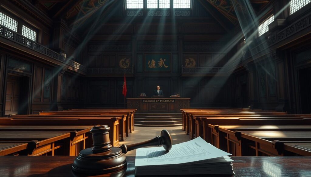 A dimly lit courtroom with wooden benches and a raised judge's bench in the center. The walls are adorned with traditional Taiwanese architectural elements, such as carved stone dragons and intricate latticework. Shafts of light stream through high windows, casting long shadows across the floor. In the foreground, a wooden gavel rests on a stack of legal documents, symbolizing the gravity of the legal process. The atmosphere is somber and contemplative, conveying the complexity and seriousness of Taiwan's gambling laws. The scene is captured with a cinematic, slightly desaturated color palette, creating a sense of historical gravity.
